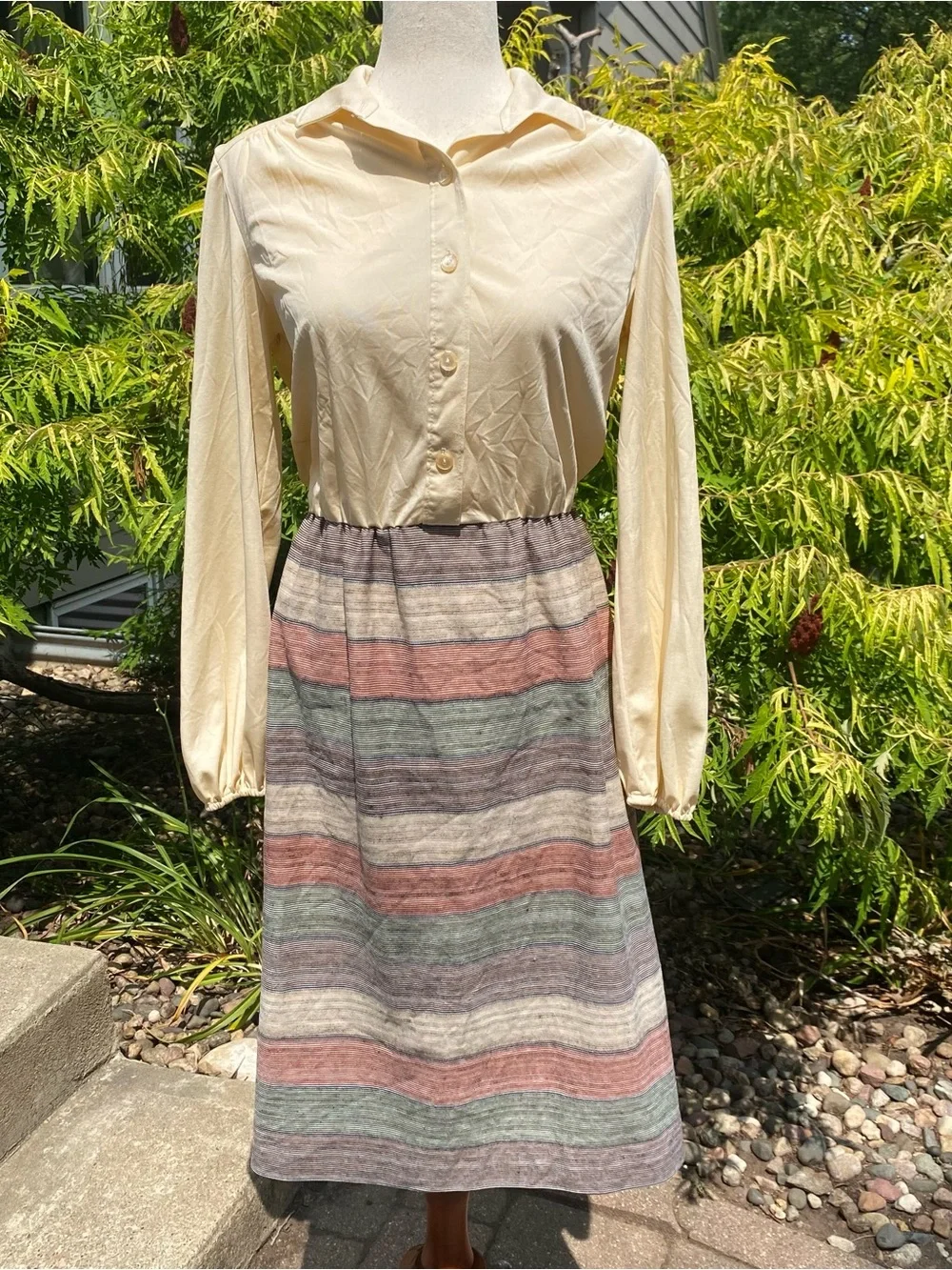 Vintage 70’s Kay Windsor Earth Tone Striped Dress and Vest Outfit Medium Large